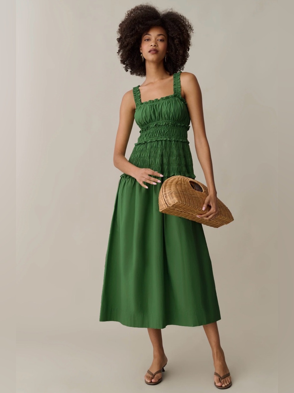 o.p.t Freya Cotton Dress Smocked Square-Neck Midi Dress in Green size Small